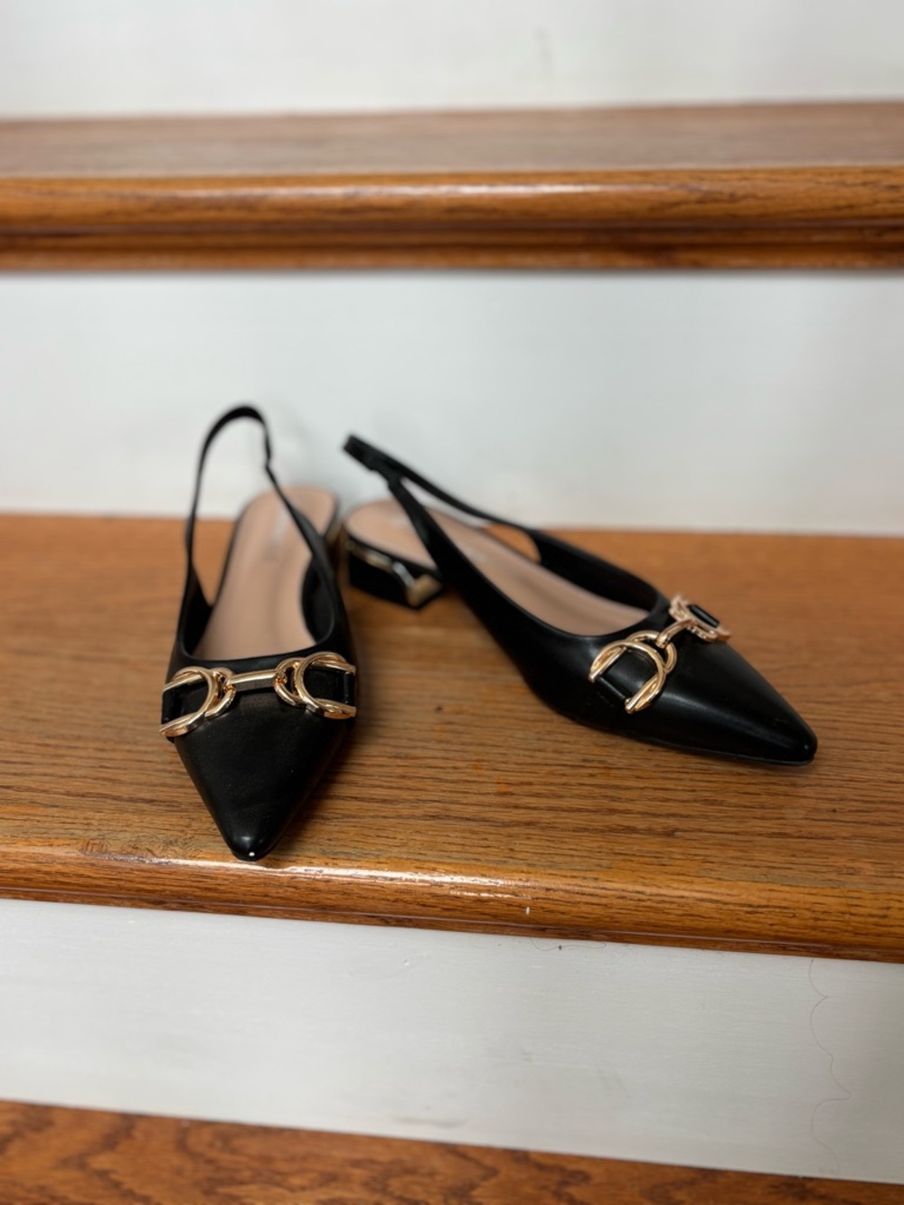 Pointed Black Slingback Flats with Gold Buckle Accent